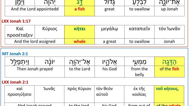The Book of the Jonah 1:17, 4:6 comparison of MT and LXX